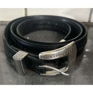 Onyx by Brighton Black Leather Rope Stitch Silver Buckle Belt Size 42 74803‎